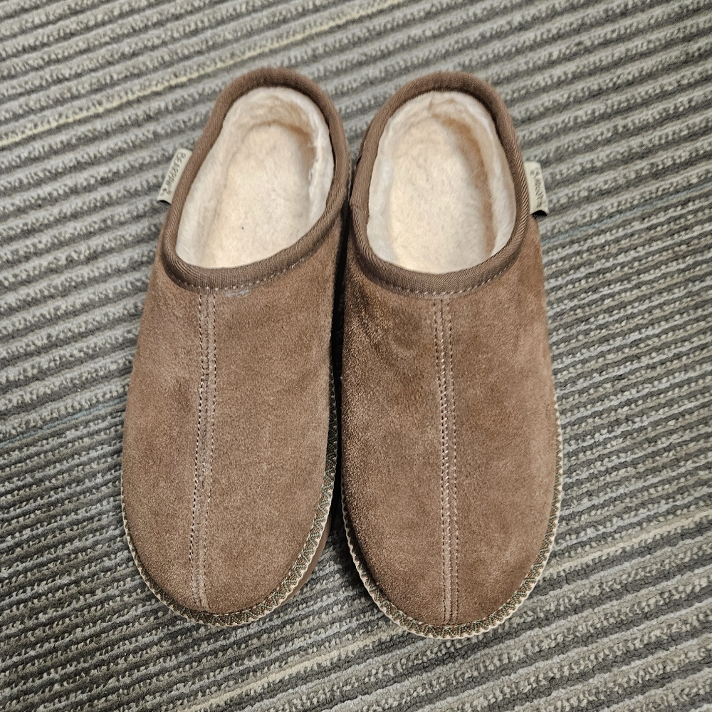 Womens Brown Suede Slip-On Faux Shearling-Lined Platform Slippers Caroline